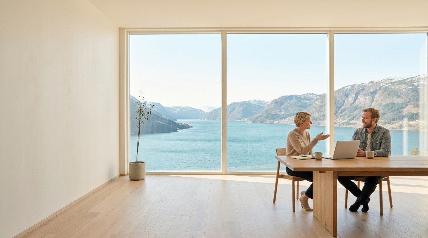 To kolleger i samtale ved et trebord i et lyst rom med panoramavindu ut mot en fjord.